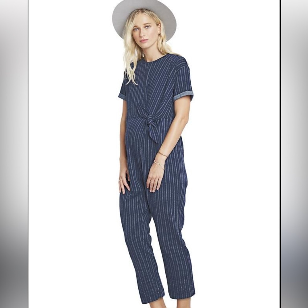 Hatch Blue Pinstriped Jumpsuit with Tie Waist